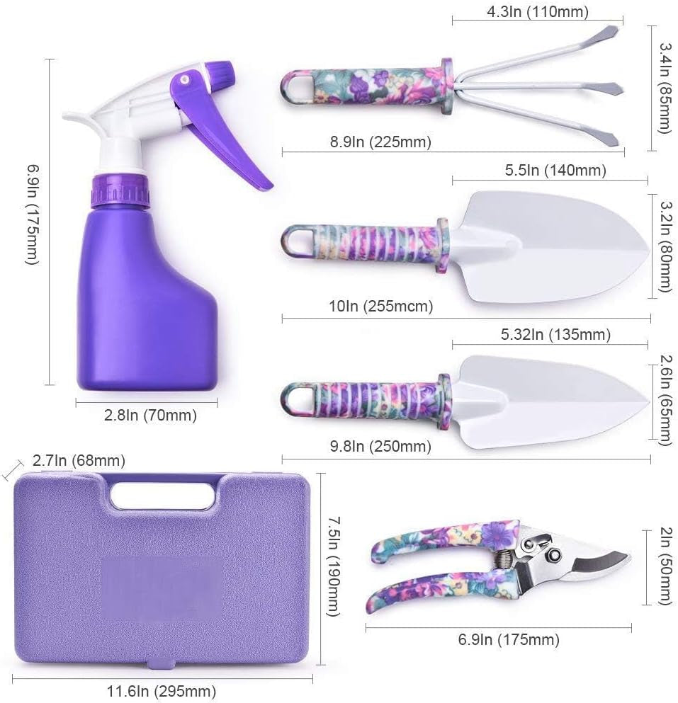 5-Piece Floral Print Gardening Tool Set with Ergonomic Handles, Includes Trowel, Rake, Weeder, Pruner Shears, and Sprayer, Complete with Carrying Case - Ideal Gift for Women