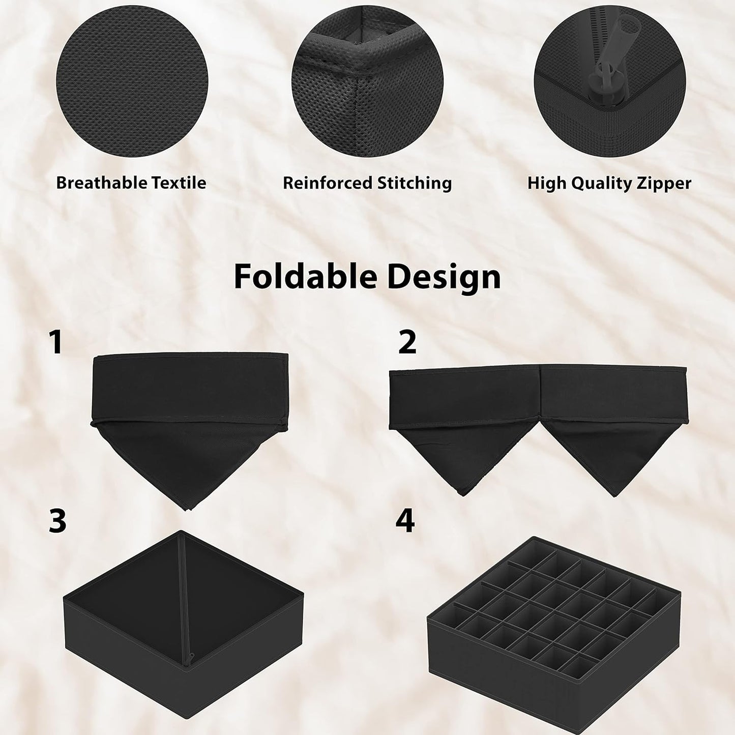 4-Pack Drawer Organizer Set - Closet Dividers for Underwear, Socks, Bras, Scarves, Ties - Foldable Non-Woven Storage Boxes, Dark Gray