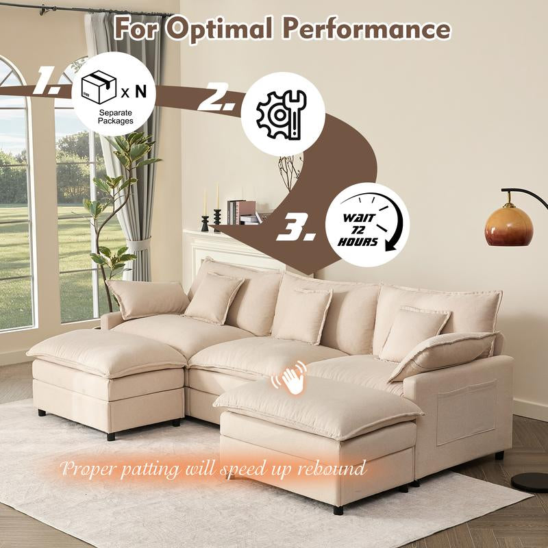【2 Packages Shipping】Gosuhi 108" U-Shaped Modular Sectional Sofa - Comfy Cloud 3-Seater with Movable Ottoman, Deep Seat Linen Couch for Living Room, Beige Color ,Comfort & Stylish Design