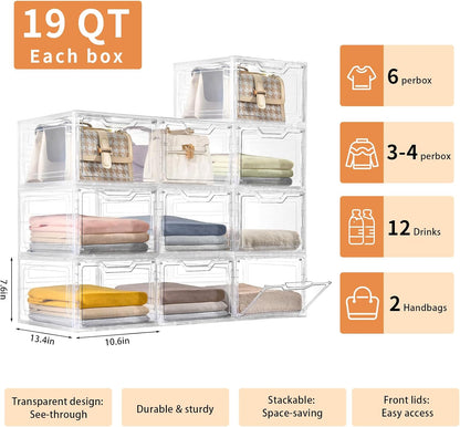 6 Pack Closet Organizers and Storage,Clear Stackable Plastic Storage Bins with Lids Magnetic Doors,Clothes Organizers and Storage,Plastic Craft Containers for Wardrobe Kitchen Bathroom Office