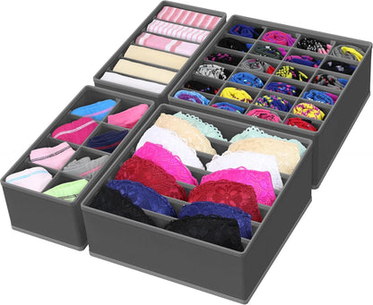 4-Pack Drawer Organizer Set - Closet Dividers for Underwear, Socks, Bras, Scarves, Ties - Foldable Non-Woven Storage Boxes, Dark Gray