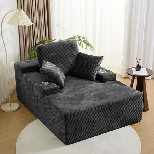 49" Oversized Chaise Lounge Sofa Bed with 2 Cup Holders & Storage Pocket - Plush Corduroy Upholstered, No Assembly Cloud Couch for Living Room, Bedroom, or Reading Nook