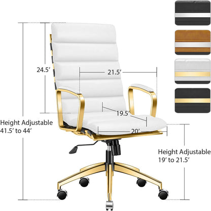 Ergonomic High Back Leather Office Chair with 330LBS Capacity, 360° Swivel, Adjustable Height, and 5-Wheel Casters - Modern Gold Frame Desk Chair for Home and Office (Gd-White)