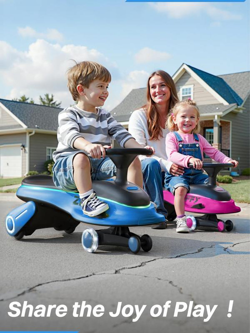 ZIFFY 6V 5.5A Electric Wiggle Car with Pedal, Light-Up, Rechargeable Battery, 2-In-1 Swing Car, 2 Speed Ride-On Toy, Anti-Rollover, Flashing Wheels, for Ages 3+ (Up to 170 Lbs),Blue&Pink Tiktokshopbacktoschool