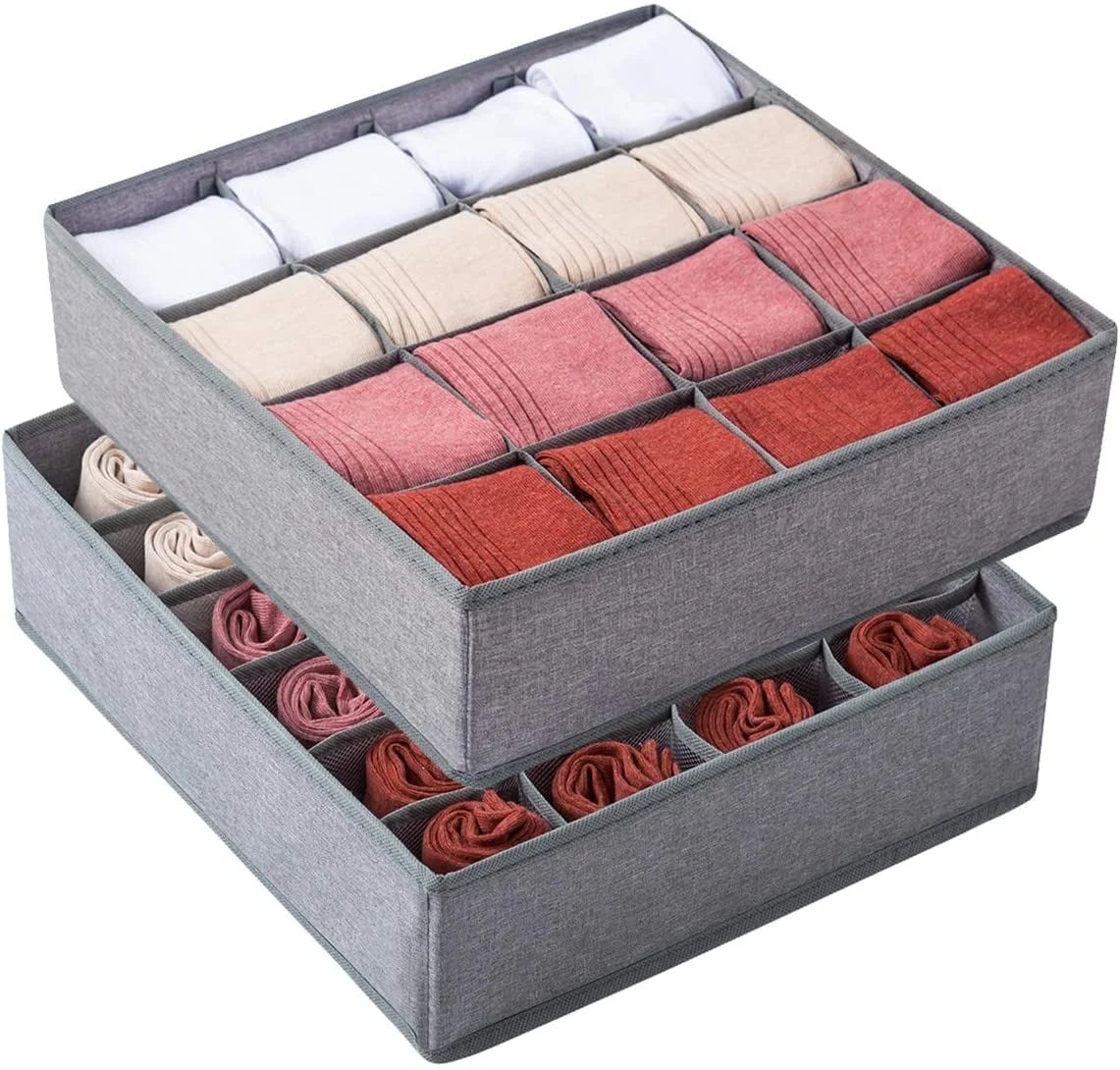 2 Pack Sock Organizer Underwear Organizer, 40 Cell Sock Drawer Organizer Fabric Foldable Cabinet Closet Organizers and Storage Boxes, Underwear, Tie, Belt, Baby Clothes(16+24 Cell, Gray)