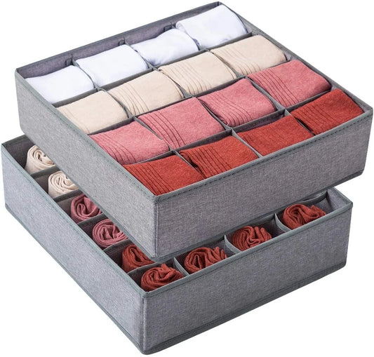 2 Pack Sock Organizer Underwear Organizer, 40 Cell Sock Drawer Organizer Fabric Foldable Cabinet Closet Organizers and Storage Boxes, Underwear, Tie, Belt, Baby Clothes(16+24 Cell, Gray)