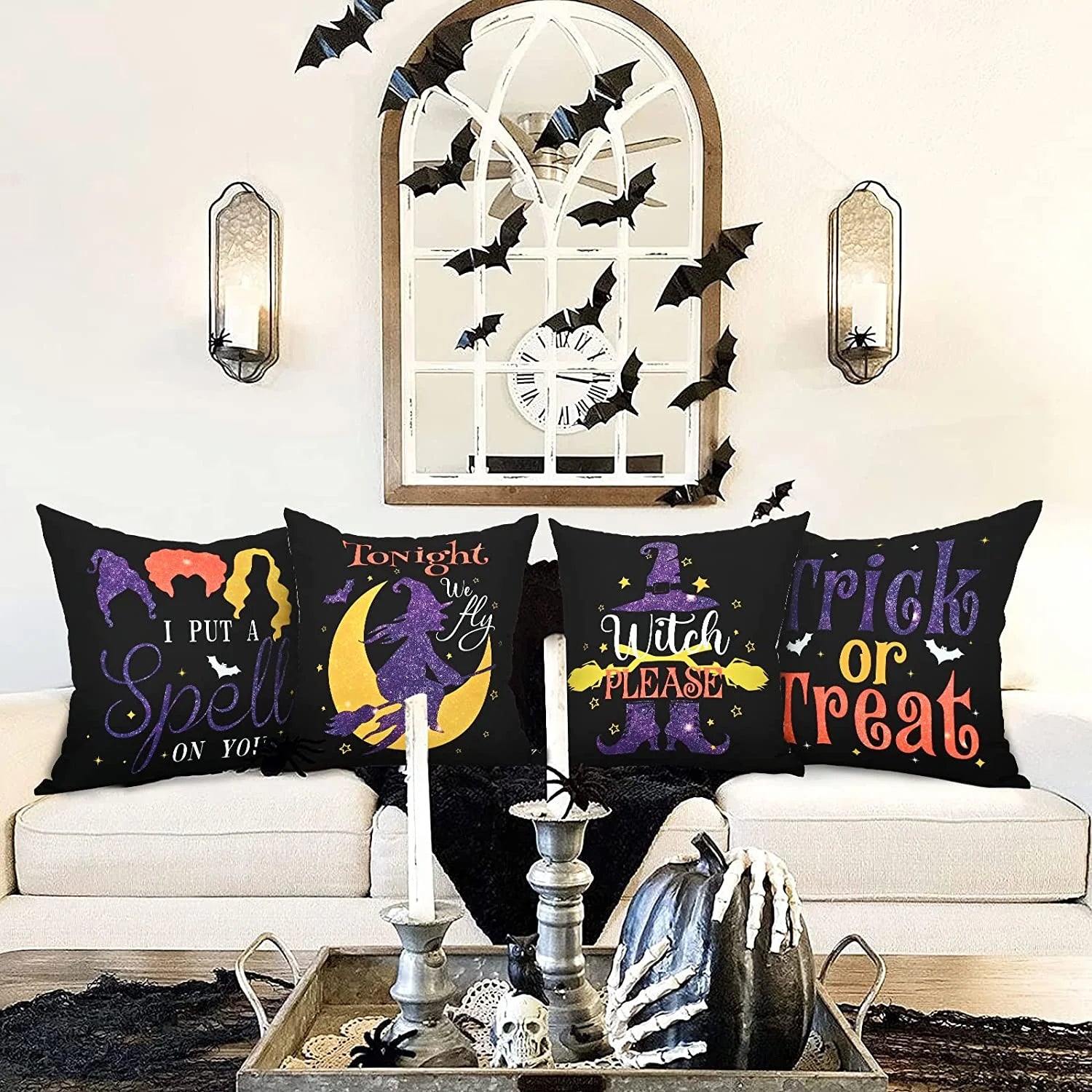 Halloween Pillow Covers 18 X 18 Inch, Trick or Treat Decorative Throw Pillow Covers Set of 4,Black