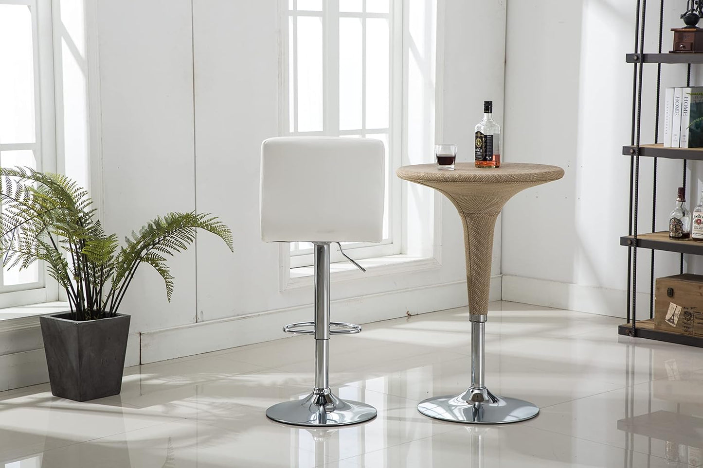 Set of 2 Adjustable Swivel PU Leather Bar Stools Counter Height Square Kitchen Dining Chairs with Chrome Base (White)