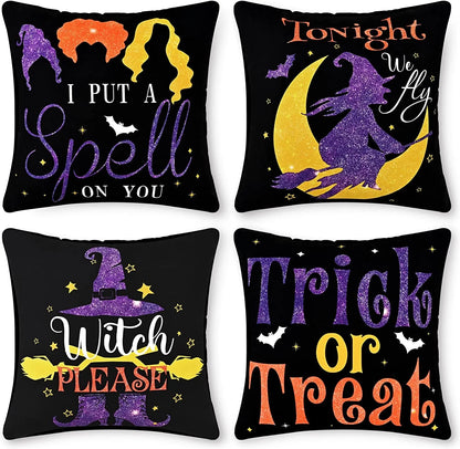 Halloween Pillow Covers 18 X 18 Inch, Trick or Treat Decorative Throw Pillow Covers Set of 4,Black
