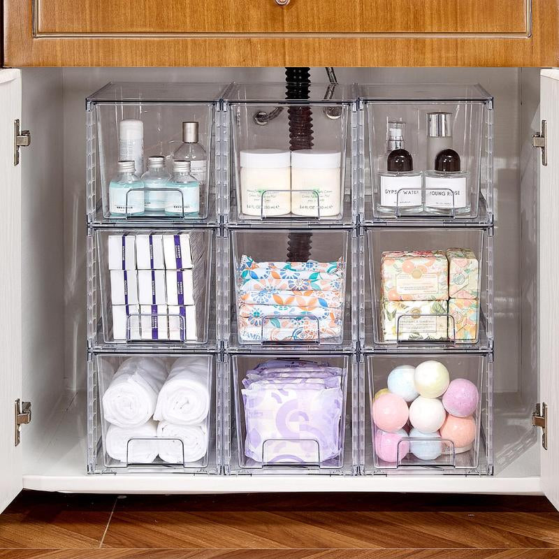 Transparent Stackable Drawer Organizer with Handles for Bathroom Kitchen Pantry under Sink Cabinet Closet Makeup Multifunctional Storage Solution 5-10Kg Capacity, 3-Tier Metal Rolling Cart with Wheels Pink