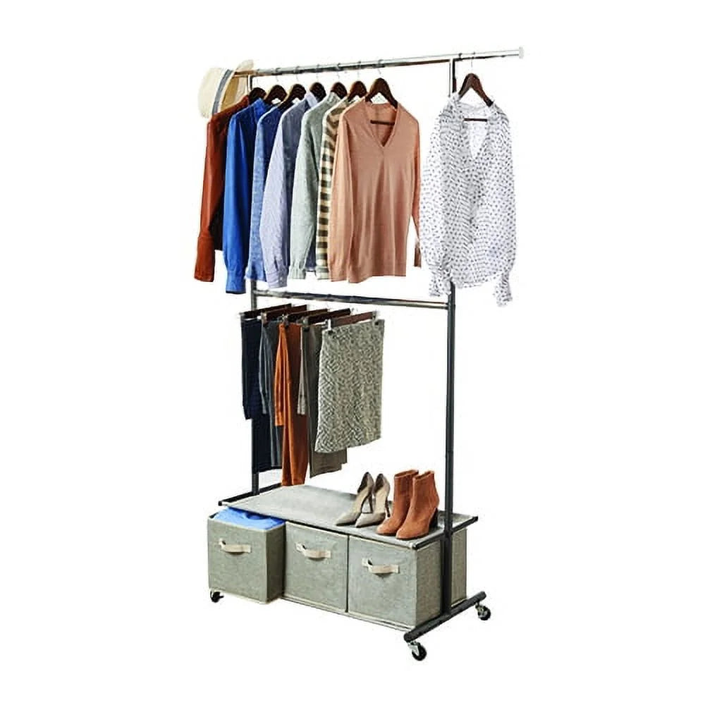 2 Tier Garment Rack with 3 Drawer Closet Organizer, Laundry Room Organizer , Gray