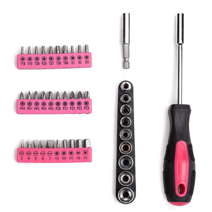 148 Piece PINK Tool Set!  Household Hand Tool Kit with Plastic Toolbox Storage Case Pink