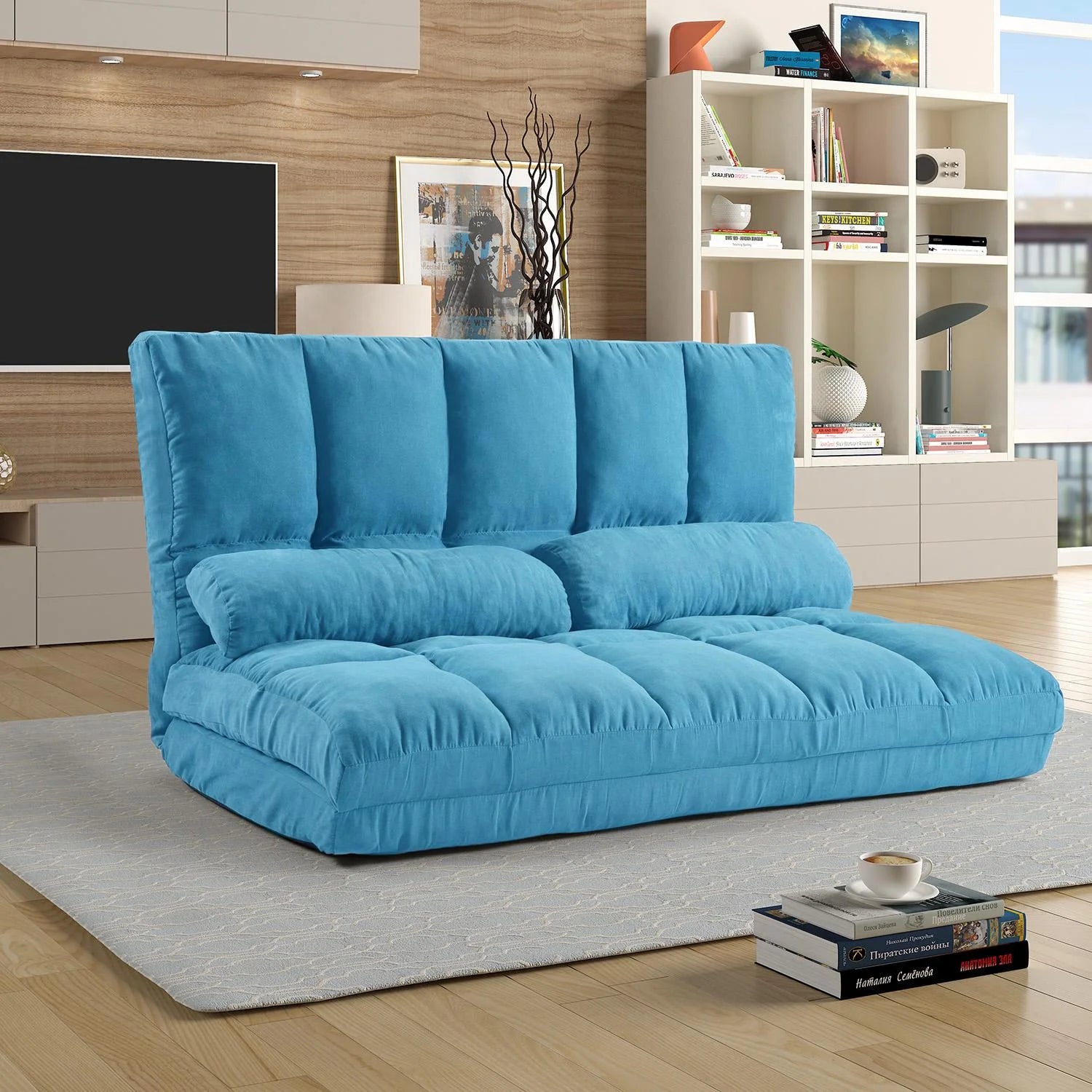 Adjustable Modern Memory Foam Sofa Bed with Two Pillows, Blue/Brown