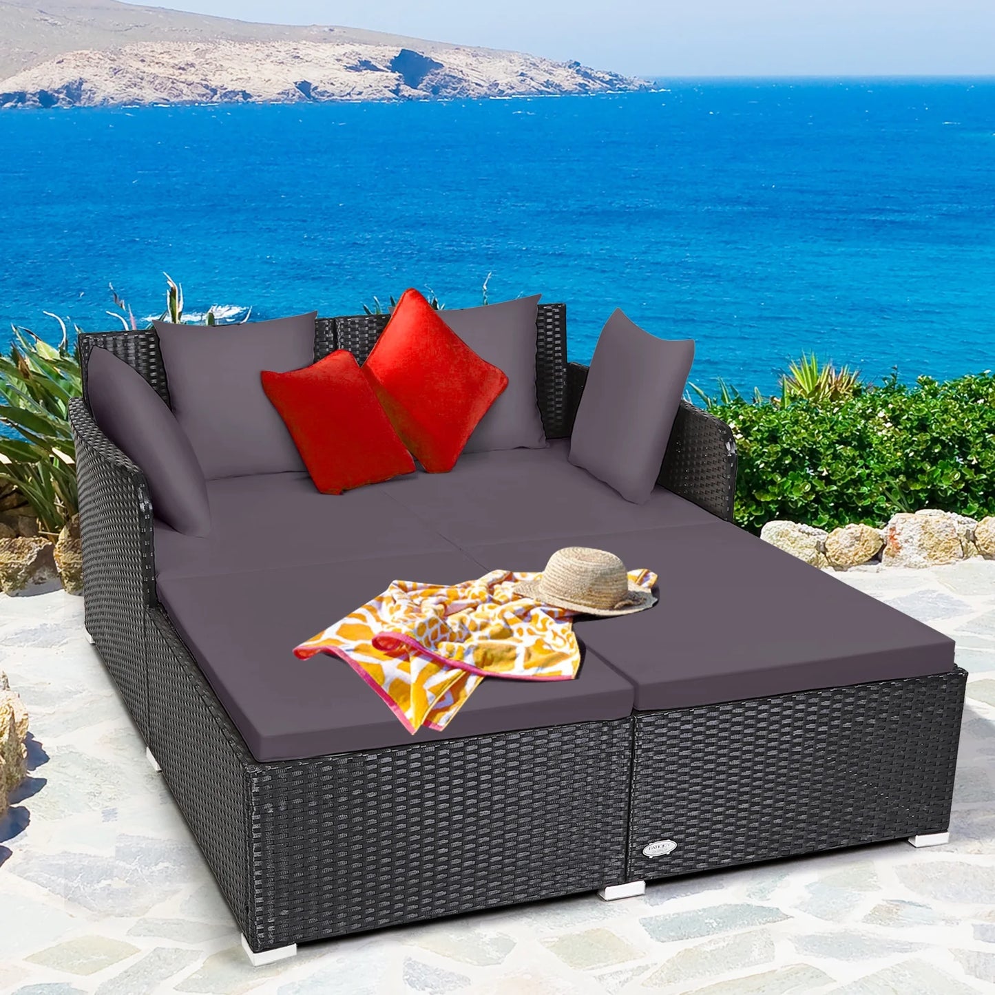 Patio Rattan Daybed with 4 Pillows Cushioned Sofa for Outdoor Grey