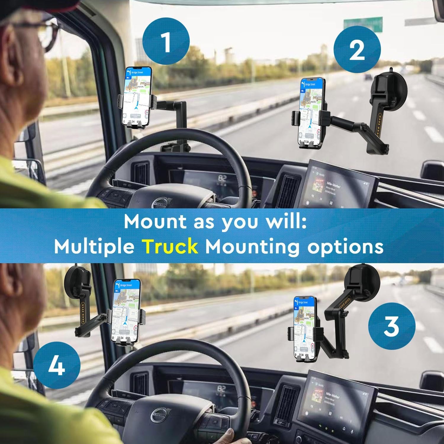 Phone Mount for Truck, Truck Phone Holder Mount Heavy Duty, Dashboard Windshield Phone Holder for Semi Truck, Suction Cup Phone Mount for Truck Accessories, Compatible with Iphone/Samsung