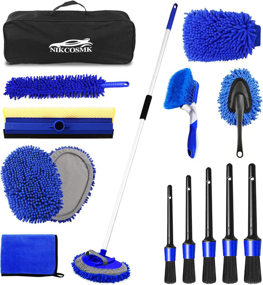 Car Wash Brush Kit Mitt Mop Sponge with Long 62'' Handle, 1 Chenille Scratch-Free Replacement Head, Windshield Window Squeegee,Car Duster,Car Detailing Brushes,Tower,Car Cleaning Kit for Cars RV Truck