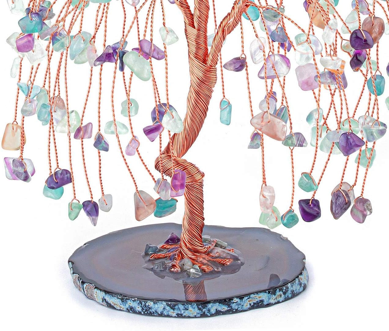 Natural Healing Crystals Fluorite Tree Tumbled Gemstone Stones Money Tree, Geode Agate Slices Base Feng Shui Ornaments Home Table Decoration for Wealth and Luck 5.5"-6.3"