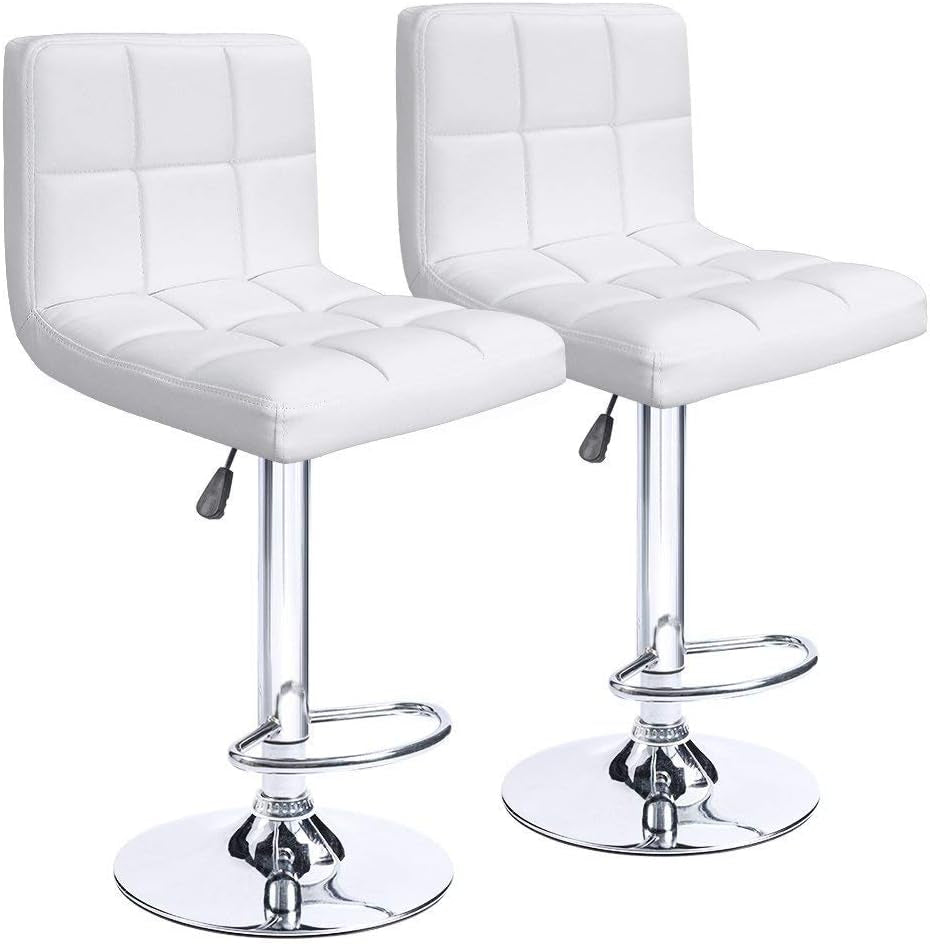 Set of 2 Adjustable Swivel PU Leather Bar Stools Counter Height Square Kitchen Dining Chairs with Chrome Base (White)