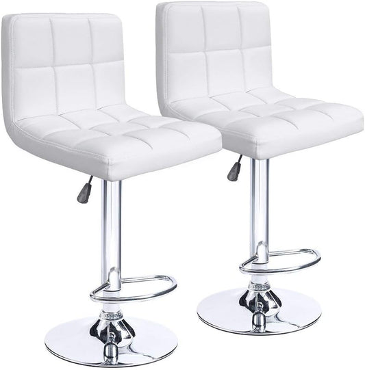 Set of 2 Adjustable Swivel PU Leather Bar Stools Counter Height Square Kitchen Dining Chairs with Chrome Base (White)