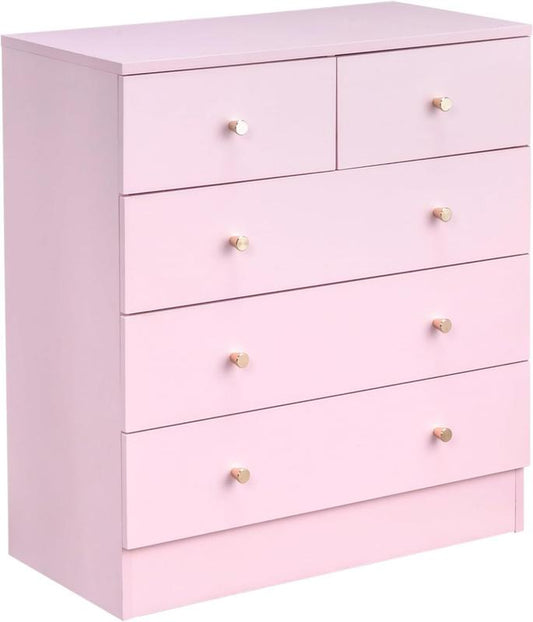 Pink/White/Brown/Grey - 5 Drawer Dresser for Bedroom, Modern Wood Dresser Chest of Drawers, Bedroom Dressers for Girls, Anti-Tipping Device, Rose Gold Metal Handle, Living Room, Entryway, Hallway, Office