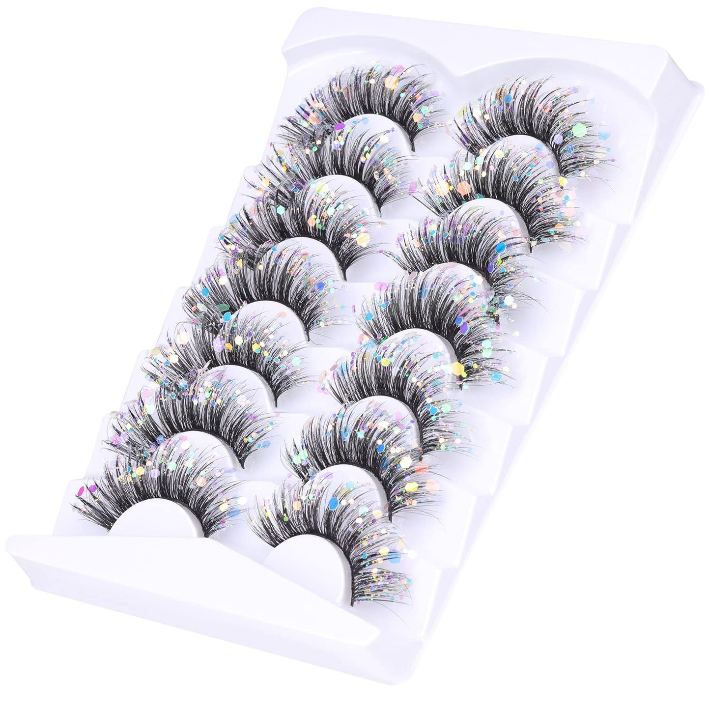 Glitter Lashes Dramatic Faux Eyelashes with Shinny Glitter Decorative Colored Lashes Glow in the Dark Faux Mink Eyelahses Cat Eye Strip Lashes Pack 7 Pairs