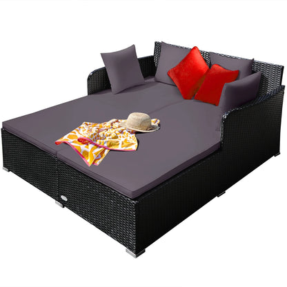 Patio Rattan Daybed with 4 Pillows Cushioned Sofa for Outdoor Grey