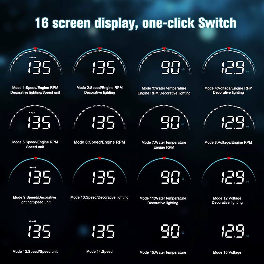 Window Speed Display, Car Head-Up Display OBD2 16 Screen Display Overspeed Voltage Warning Electronic Car Electronics Accessories