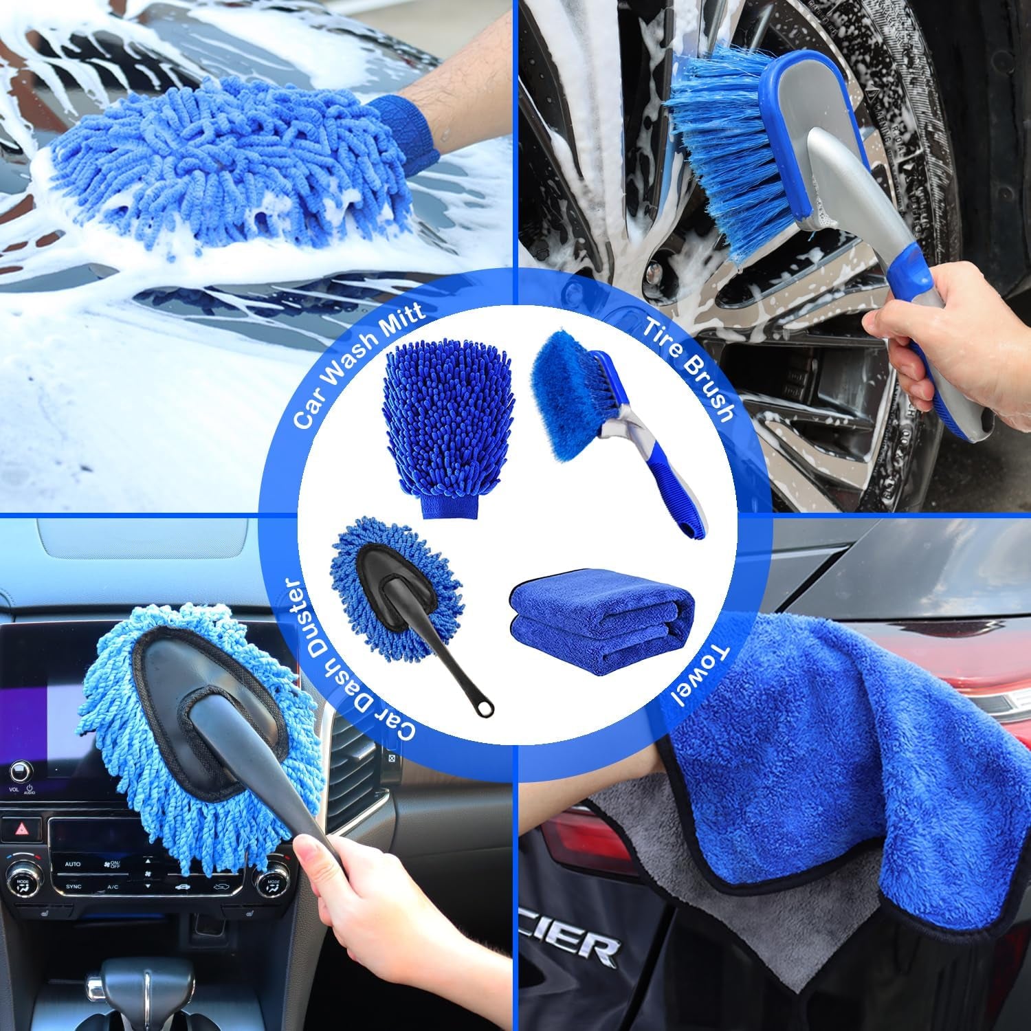 Car Wash Brush Kit Mitt Mop Sponge with Long 62'' Handle, 1 Chenille Scratch-Free Replacement Head, Windshield Window Squeegee,Car Duster,Car Detailing Brushes,Tower,Car Cleaning Kit for Cars RV Truck