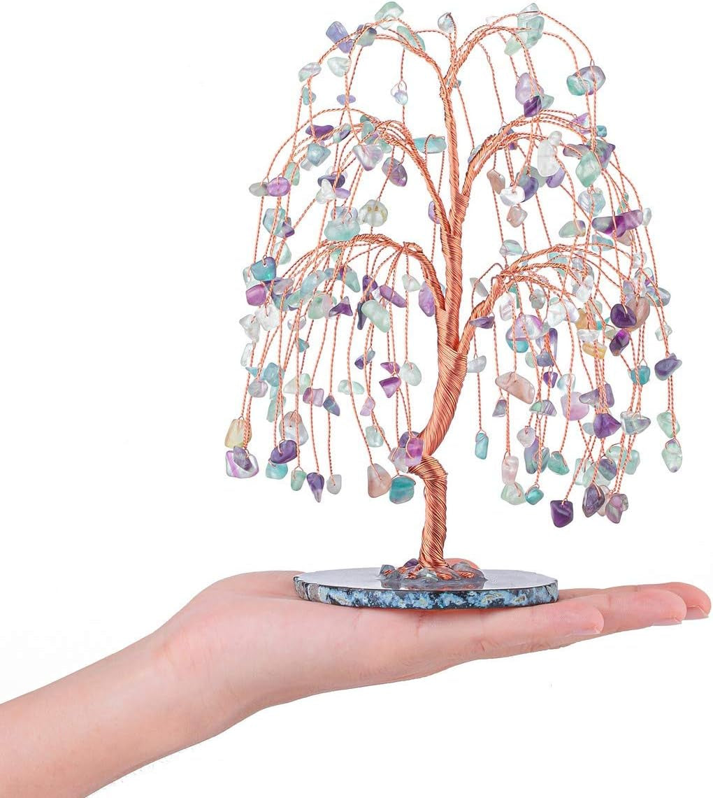 Natural Healing Crystals Fluorite Tree Tumbled Gemstone Stones Money Tree, Geode Agate Slices Base Feng Shui Ornaments Home Table Decoration for Wealth and Luck 5.5"-6.3"