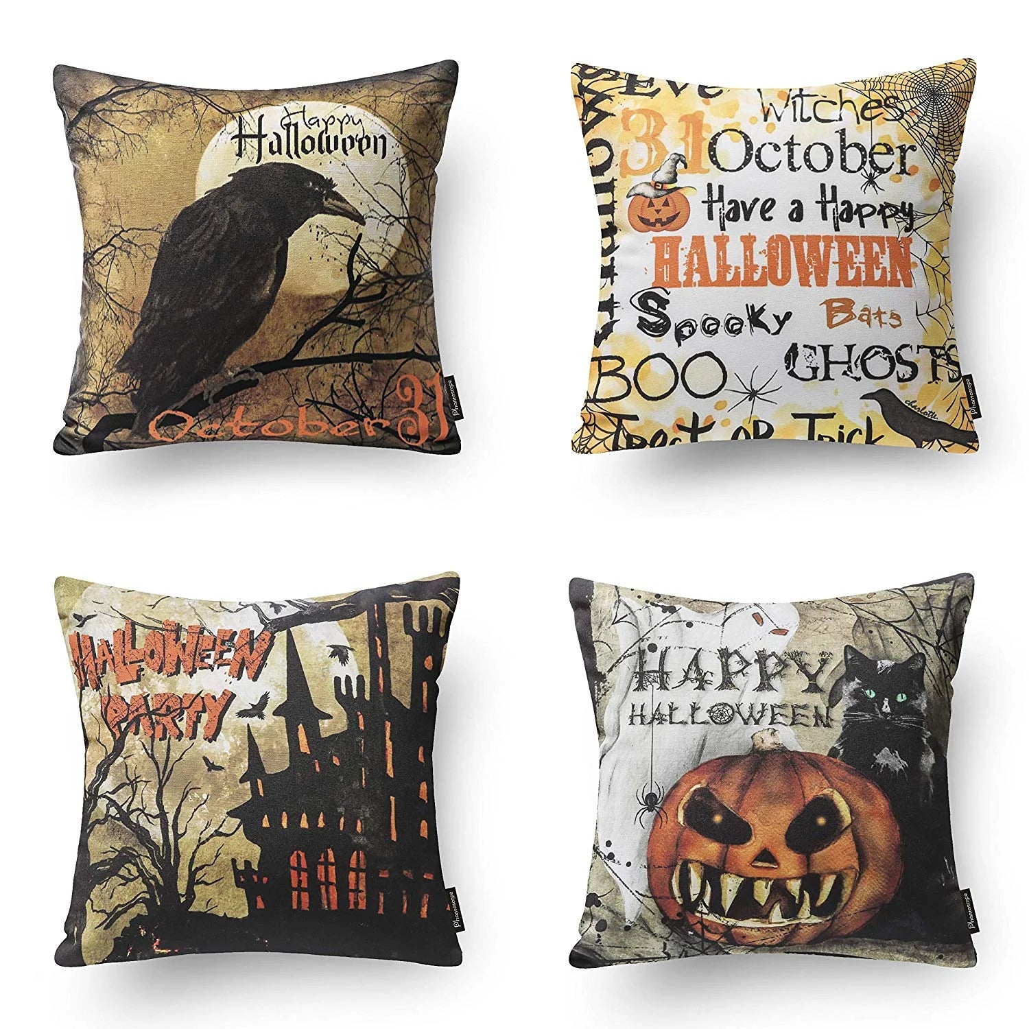 Halloween Holiday Collection Decorative Throw Pillow Cover, 18" X 18", Night Crow, 4 Pack