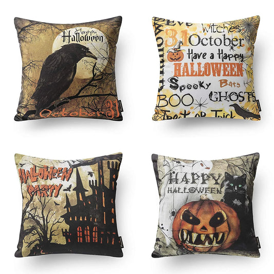 Halloween Holiday Collection Decorative Throw Pillow Cover, 18" X 18", Night Crow, 4 Pack