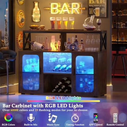 Bar Cabinet with Power Outlets, Liquor Cabinet with Led Lights and Glass Holder, Storage Buffet Cabinet Coffee Bar