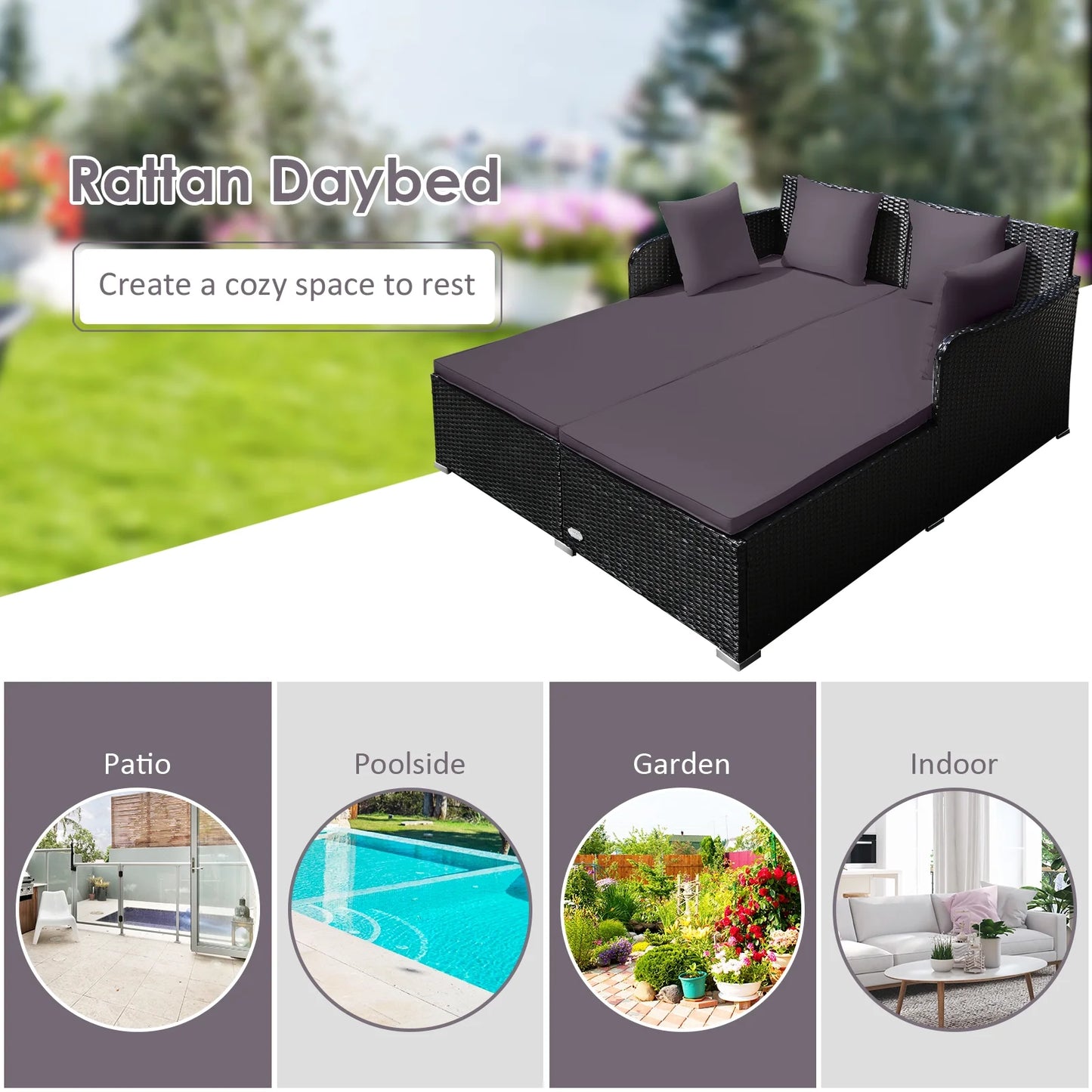 Patio Rattan Daybed with 4 Pillows Cushioned Sofa for Outdoor Grey