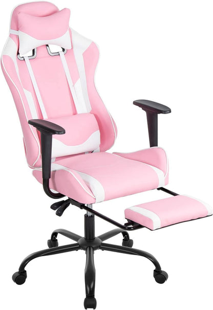 Ergonomic Gaming Chair , High Back PU Leather W/Footrest, Rolling Swivel for Adults ,Pink