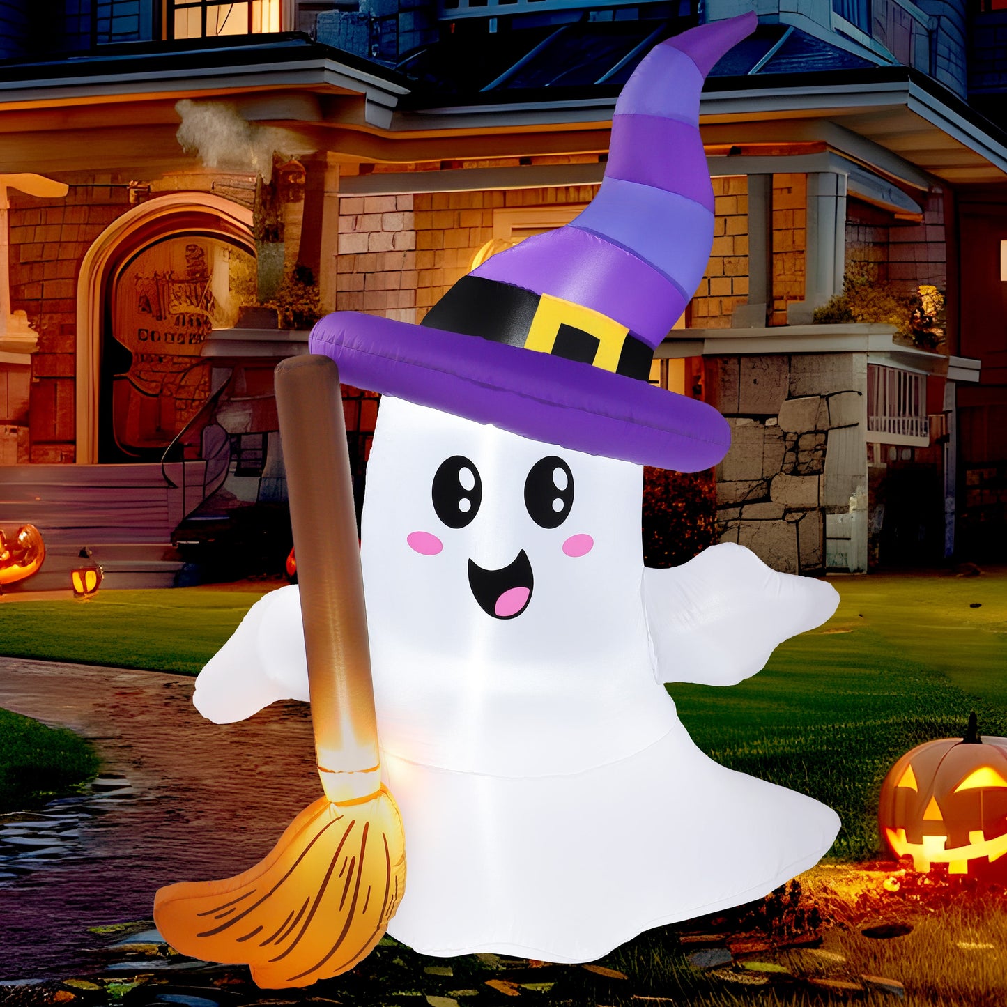 6Ft Halloween Inflatables Light up Cute Ghosts with Witch Hat, Halloween Decorations Outdoor, Blow up Halloween Yard Decorations