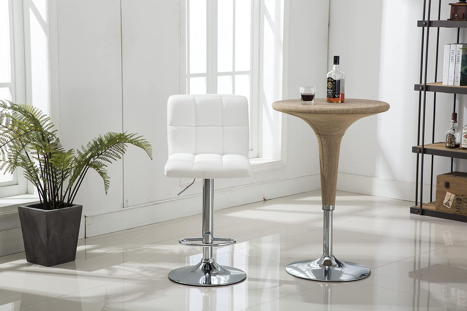 Set of 2 Adjustable Swivel PU Leather Bar Stools Counter Height Square Kitchen Dining Chairs with Chrome Base (White)