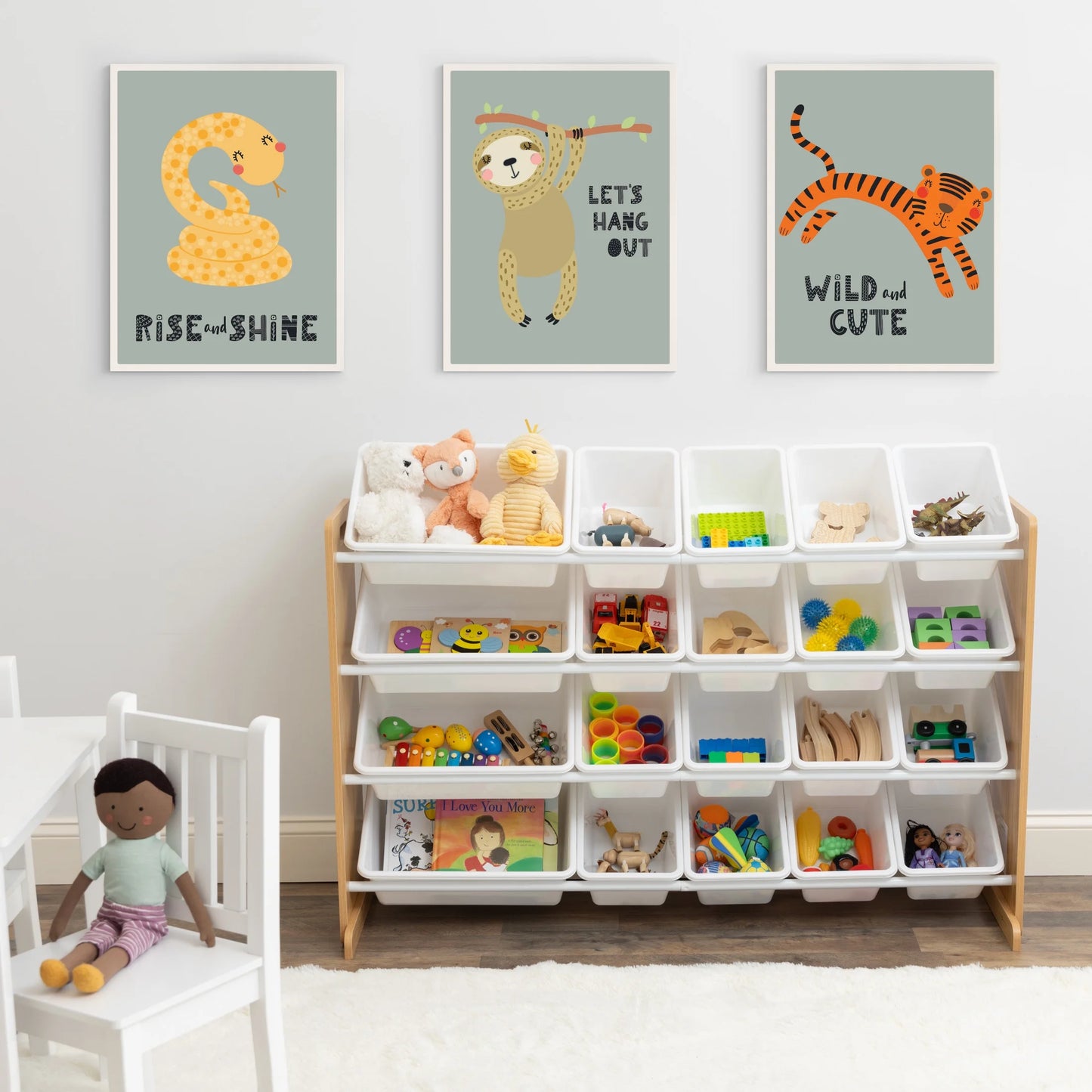 Journey Extra Large Toy Storage Organizer with 20 Plastic Storage Bins, Natural/White