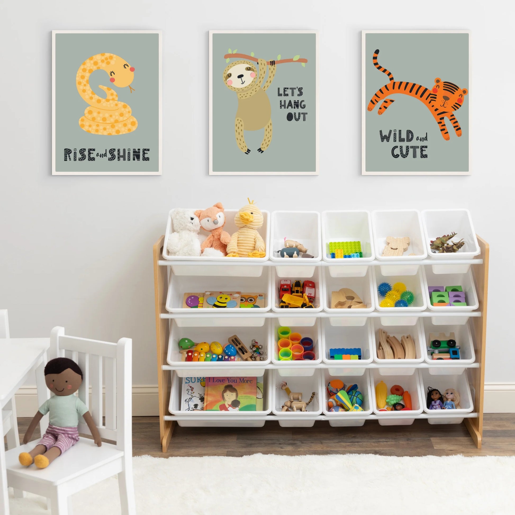 Journey Extra Large Toy Storage Organizer with 20 Plastic Storage Bins, Natural/White