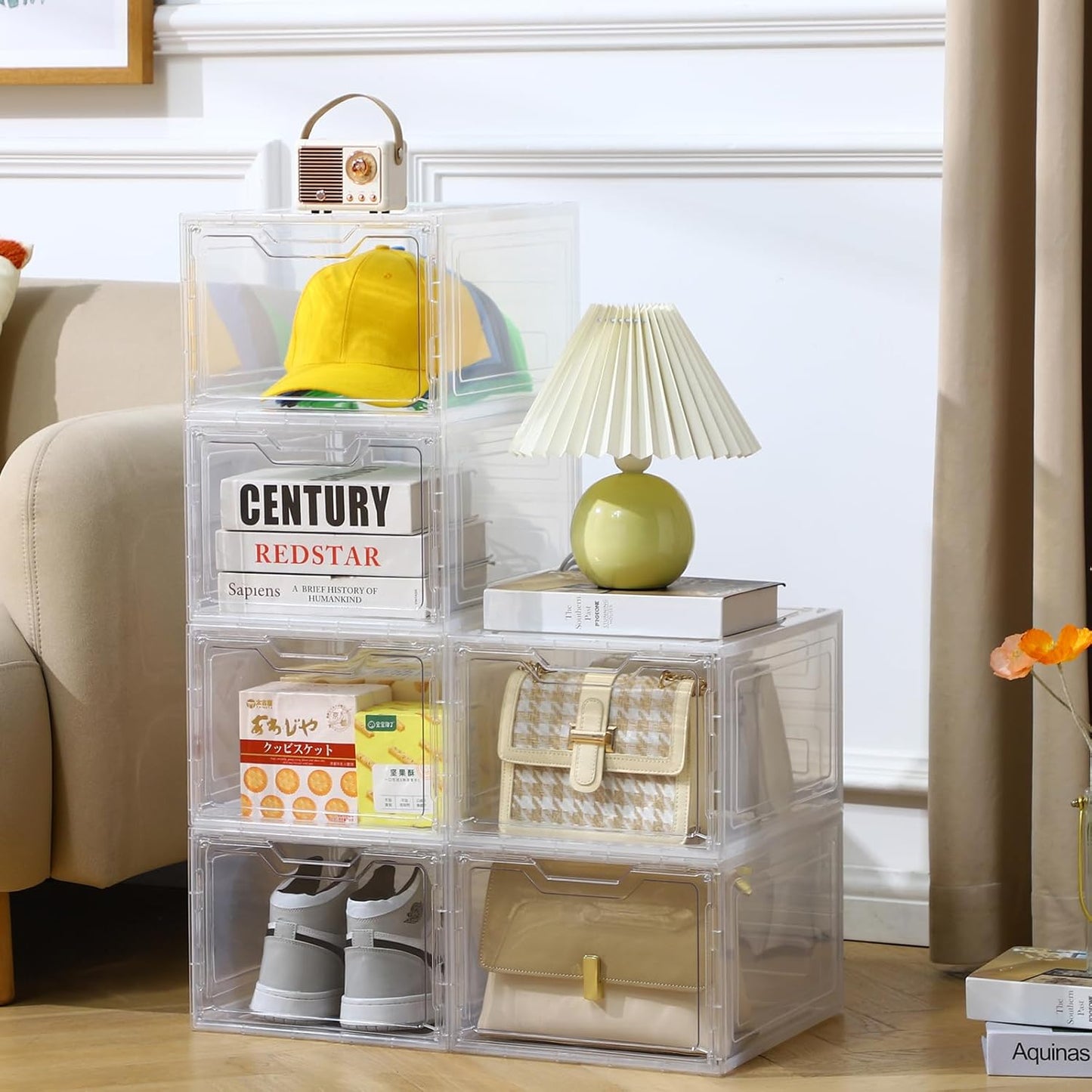 6 Pack Closet Organizers and Storage,Clear Stackable Plastic Storage Bins with Lids Magnetic Doors,Clothes Organizers and Storage,Plastic Craft Containers for Wardrobe Kitchen Bathroom Office