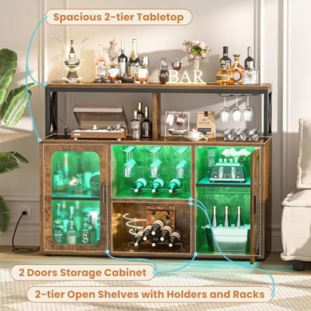 Bar Cabinet with Power Outlets, Liquor Cabinet with Led Lights and Glass Holder, Storage Buffet Cabinet Coffee Bar