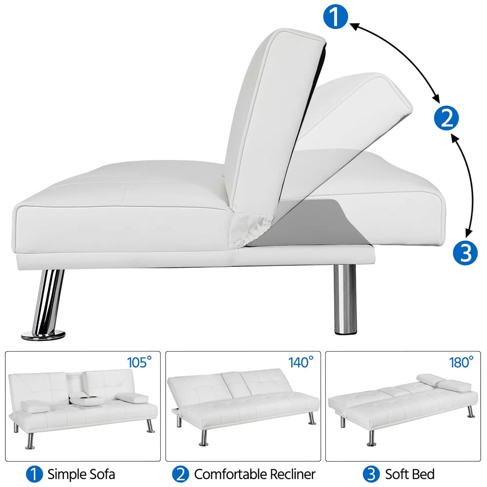 Luxurygoods Modern Faux Leather Futon with Cupholders and Pillows, White