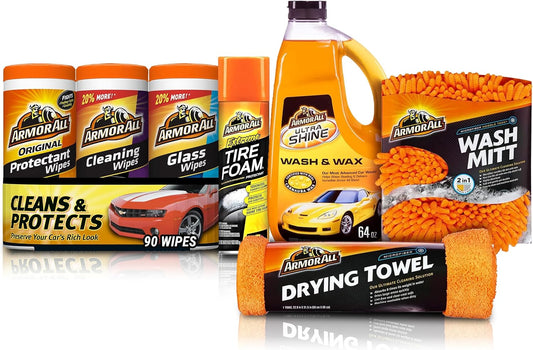 Bundle of  Car Wash Kit+  Protectant, Glass and Cleaning Wipes, Wipes for Car Interior and Car Exterior +  Extreme Car Tire Foam, Tire Cleaner Spray