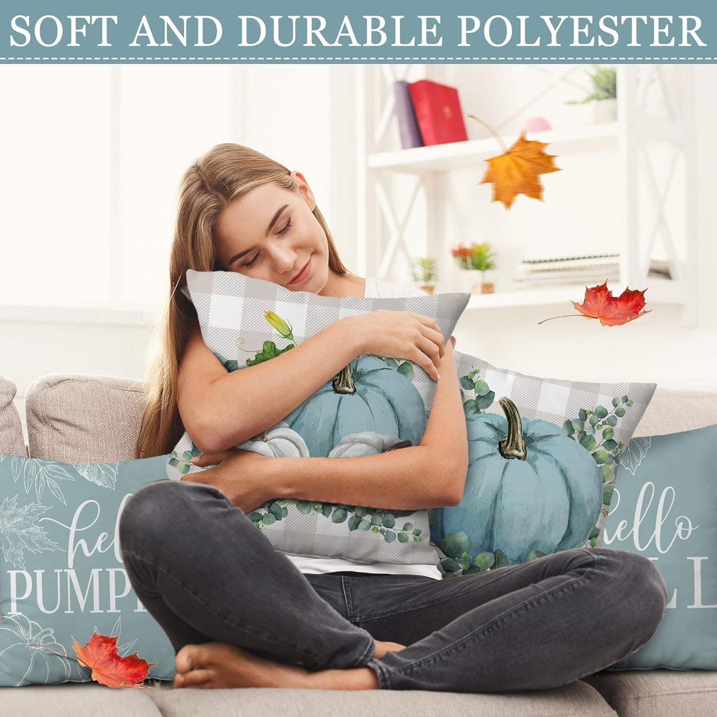 Fall Pillow Covers 18X18 Set of 4, Fall Decorations for Home Throw Pillows for Couch, Indoor & Outdoor Autumn Decor - Blue Pumpkin Seasonal Pillow Covers