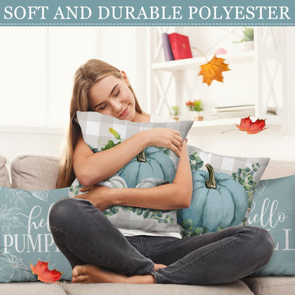 Fall Pillow Covers 18X18 Set of 4, Fall Decorations for Home Throw Pillows for Couch, Indoor & Outdoor Autumn Decor - Blue Pumpkin Seasonal Pillow Covers