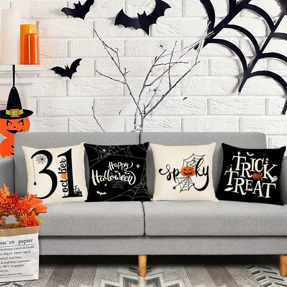 Halloween Pillow Covers Set of 4 Trick or Treat Decorative Throw Pillows Cover 18X18 Black Spider Webs Pillow Cases Home Outdoor Sofa Couch Cushion Covers for Halloween Decor (18 by 18)