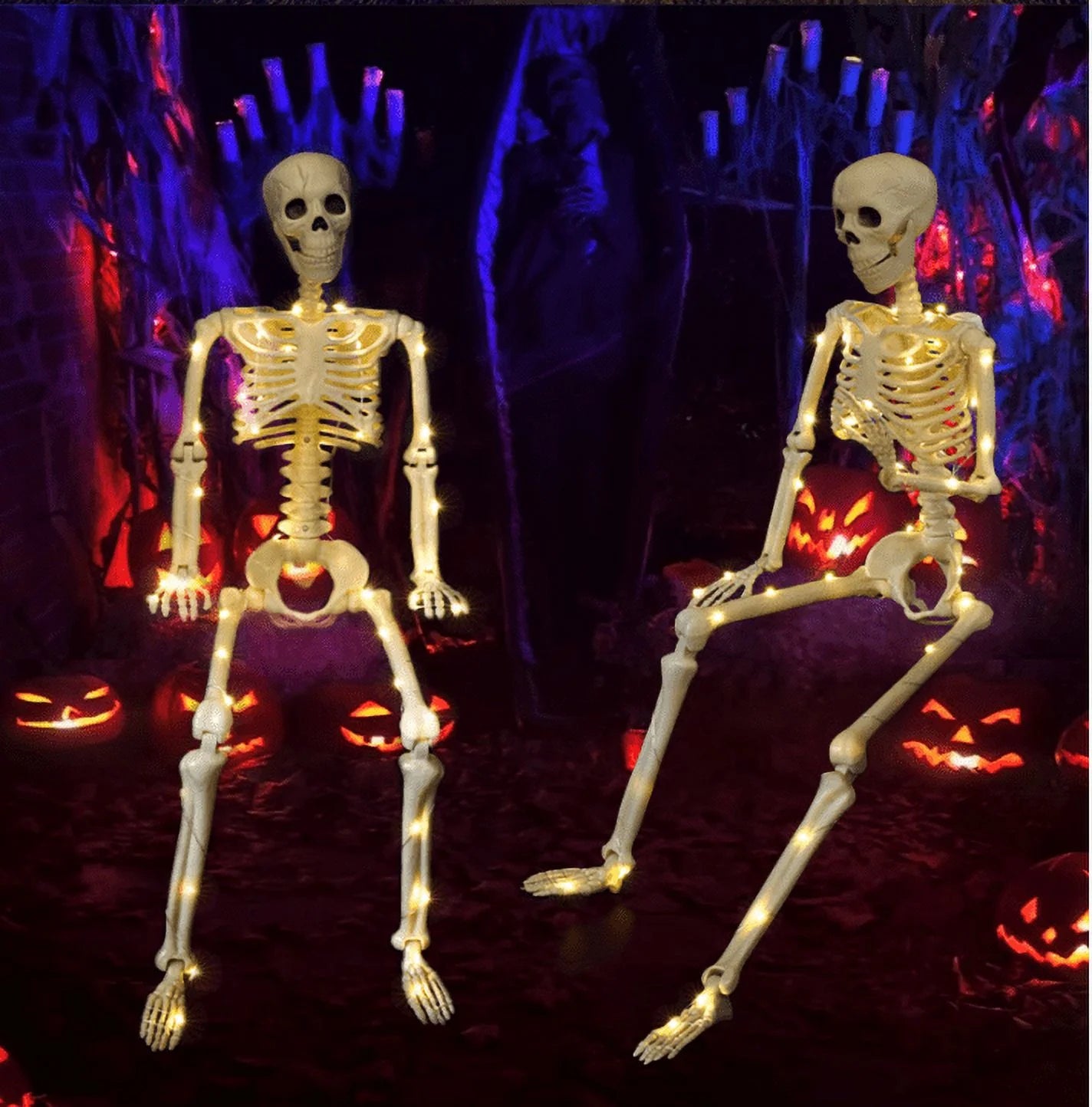 Halloween Skeleton LED Light up Pose Stay Halloween Skeleton Full Body Posable Movable Jonints for Halloween Decoration