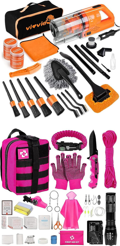 Ultimate Car Cleaning Kit, 17Pcs Car Interior Detailing Kit with High Power Car Vacuum Cleaner, and Emergency Survival Kit and First Aid Kit, Professional Survival Gear and Equipment