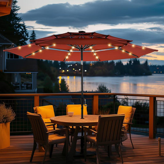 9FT 3-Tier Solar Patio Umbrella Heavy Duty, Vented Market Table Umbrella Windproof W50+,8 Thicker Ribs for Pool, Lawn, Garden