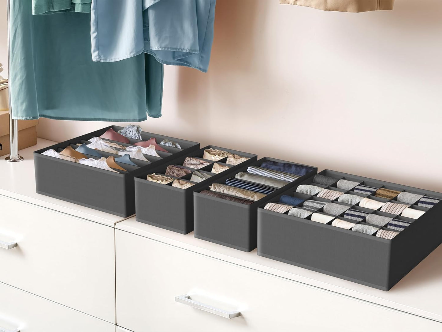 4-Pack Drawer Organizer Set - Closet Dividers for Underwear, Socks, Bras, Scarves, Ties - Foldable Non-Woven Storage Boxes, Dark Gray