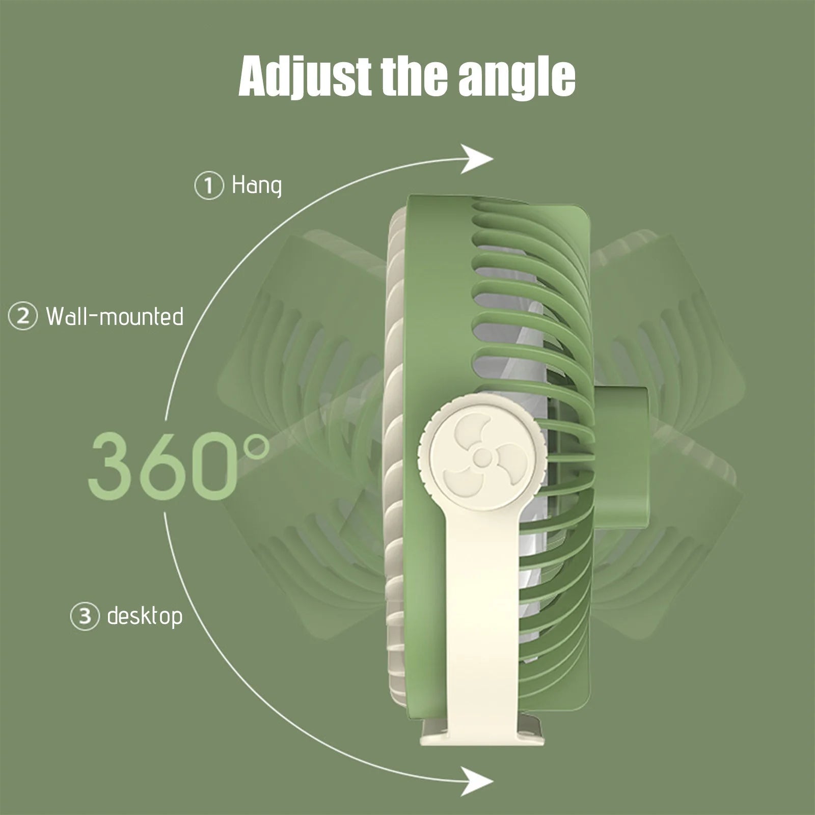 Portable Rechargeable Camping Fan for Tent with LED Lantern, Battery Operated Outdoor, 3 Speeds, Small Quiet Personal Usb Cooling Fan for Travel, Fishing，Green